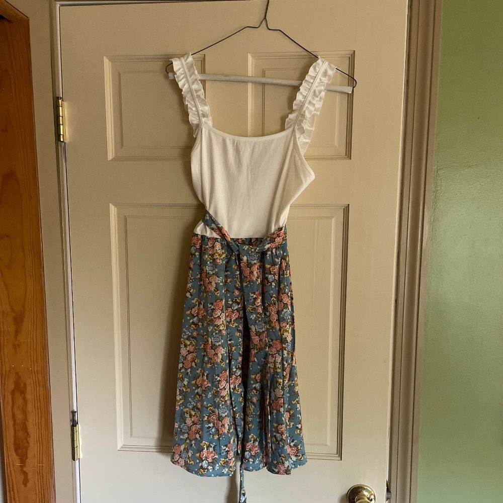 SHEIN Floral Skirt and White Ruffled Tank Top Summer Dress. Medium